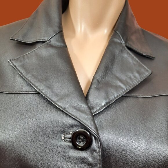 Vintage 90s Y2k Leather Jacket Dark Brown Mid Length Size S Button Up - Picture 3 of 12
